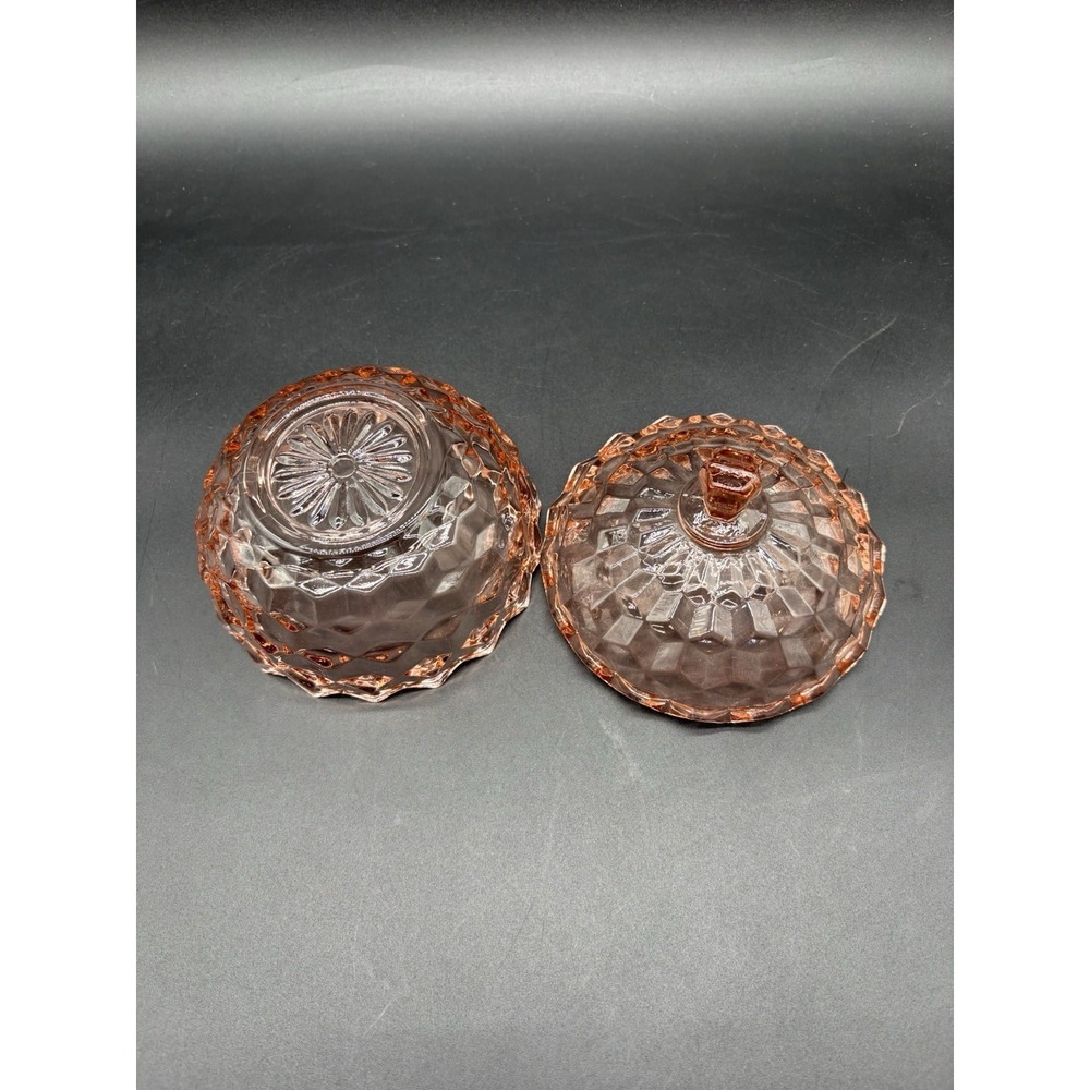Pink Glass Diamond Quilted Vintage Lidded Candy Dish Compote ~5" Excellent - Picture 9 of 11